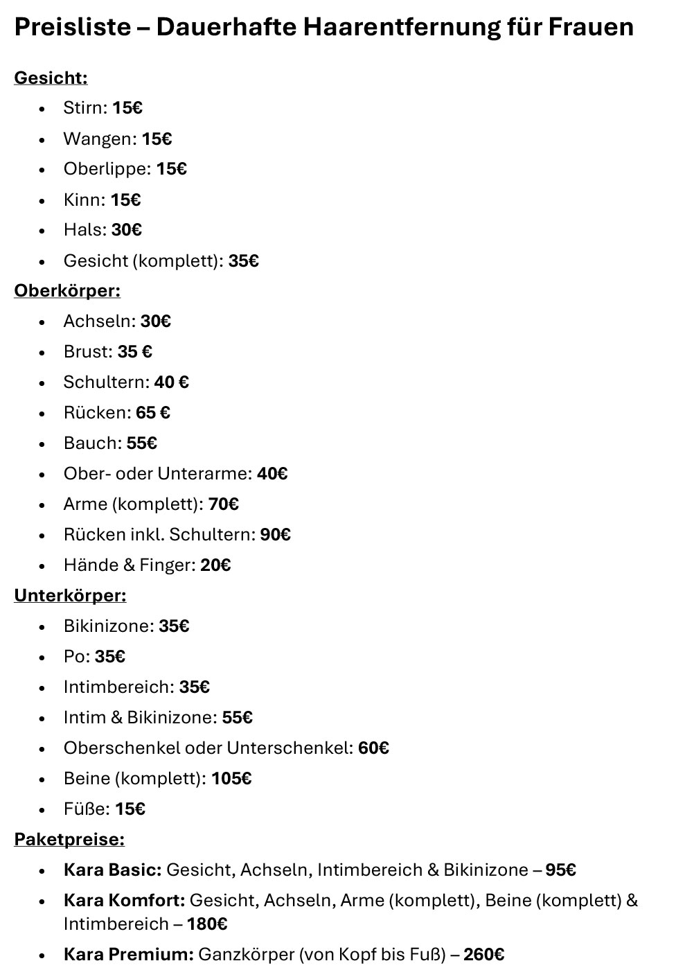 Preisliste Laserbehandlung